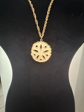 Vintage Gold Tone Sand Dollar Pendant Necklace 31 Inch Coastal Beach Style